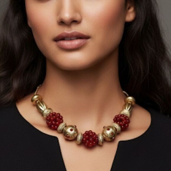 Zara Jewelry - Zara Statement Red & Gold Beaded Necklace